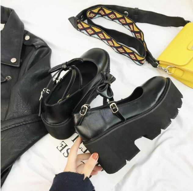 Japanse Zoete Lolita Prinses Schoenen Leuke Strik Ronde Kop Zwart Waterdichte Platform College Vrouwen Schoenen
