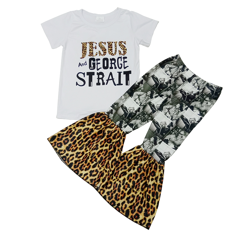 Offre spéciale filles tenue jésus et George imprimer haut cloche bas pantalon boutique bébé filles enfant en bas âge ensemble de vêtements