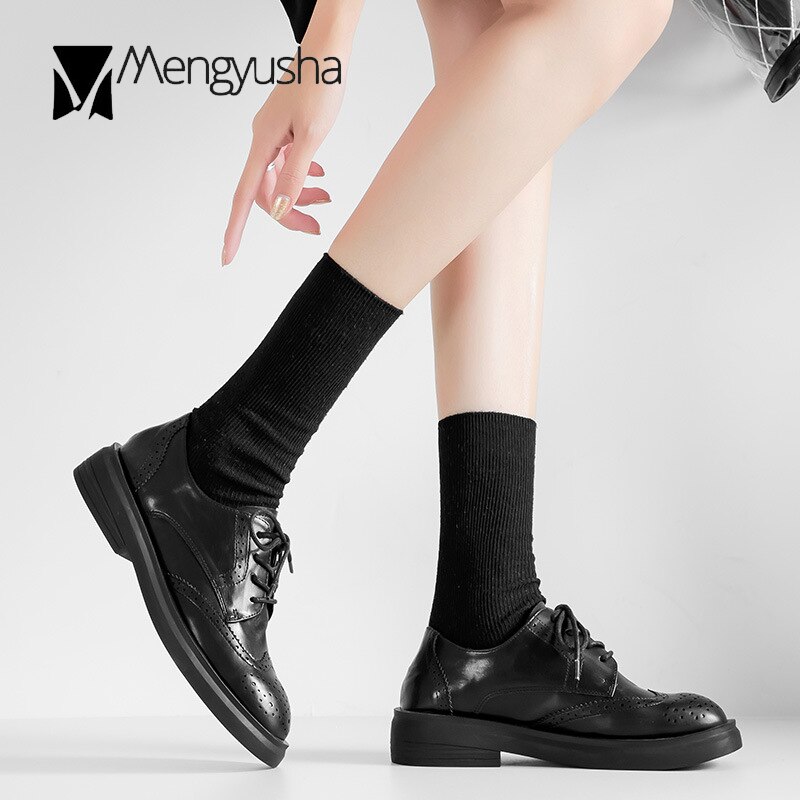 Zapatos Oxford con cordones para mujer, puntera redonda sólida, braguitas de costura, zapatos de piel sintética, zapatos planos informales de tacón grueso para mujer