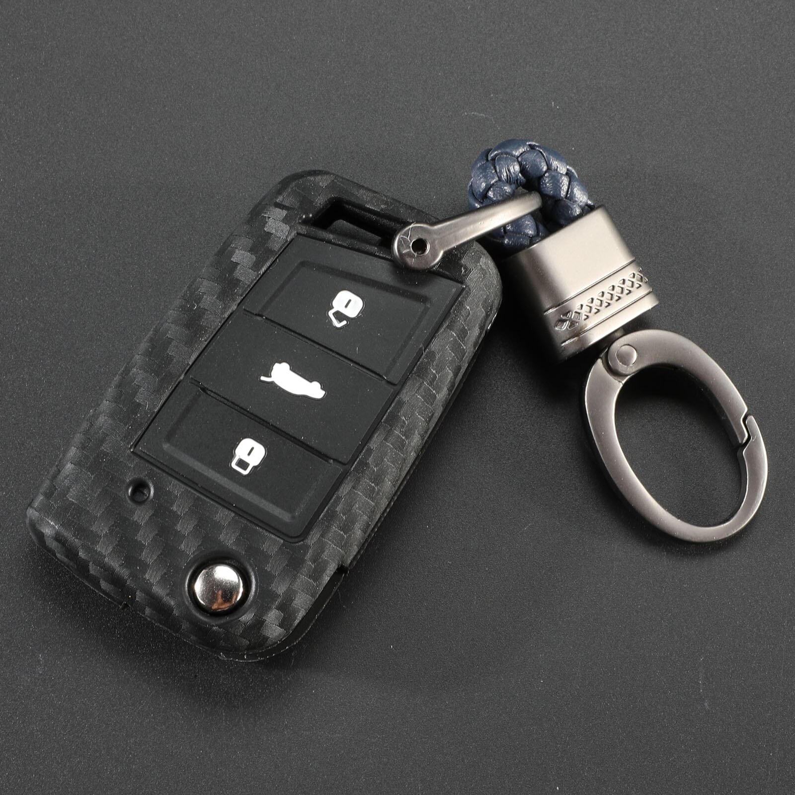 Carbon Silicone Key Case Cover For VW Polo Golf 7 Tiguan Skoda Octavia Karoq SEAT Ateca Leon Ibiza KeyChain Key Ring: Darblue short braid