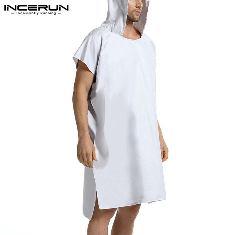 INCERUN Leisure Men Hooded Bathrobes Short Sleeve Quick Dry Beach Robes Solid Color Buttons Nightgown Mens Loose Homewear S-5XL