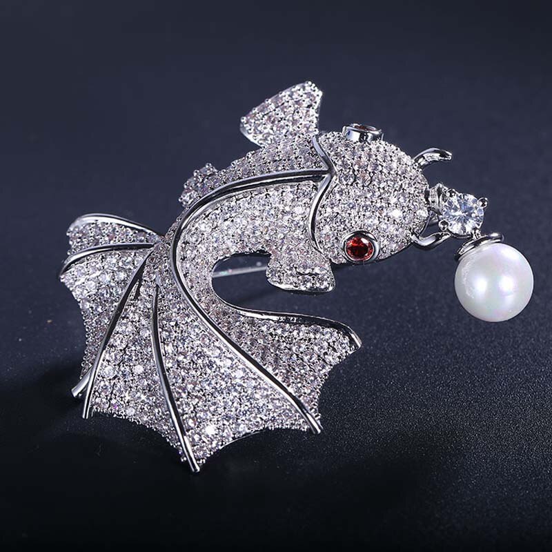 Red Trees Brand Fish Shape Animal Brooch For Man & Women With Cubic Zirconia Sweater Accessories Christmas