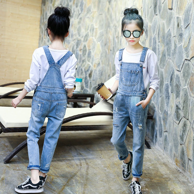 5-14Y Meisjes Denim Overalls Lente Kinderen Jumpsuits Casual Mode Kleding Voor Kinderen Ripped Broek Gewassen Cowboy Jeans Kids J