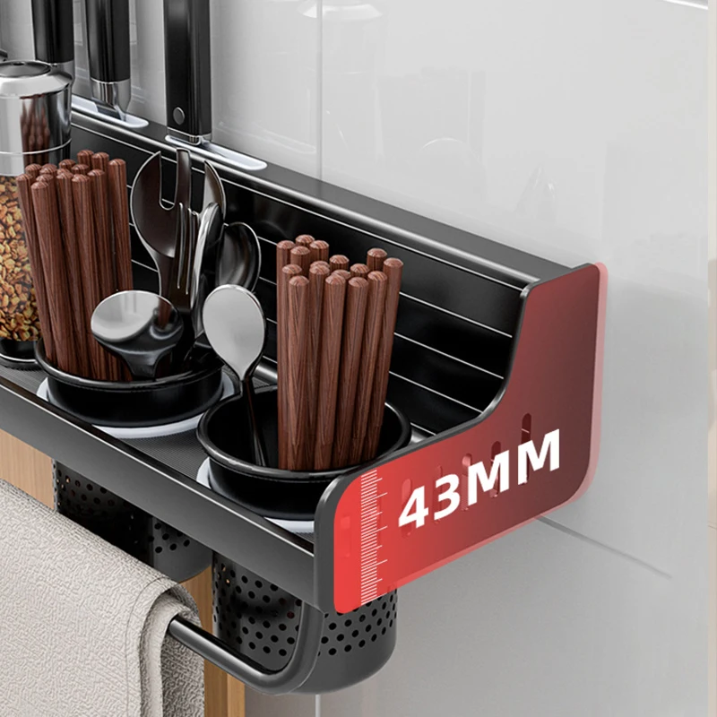 Estante de almacenamiento de cocina, estante de especias montado en la pared, de aluminio, sin perforaciones, cuchara, cuchillo, organizador de cocina multifunción