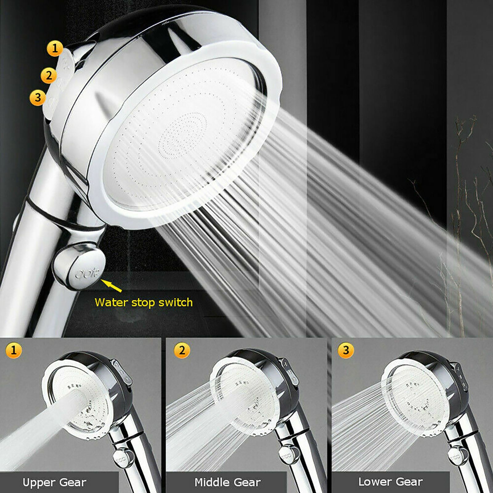 360 Degree Rotatable Adjustable 3 Modes Shower Head With Water Control Button High-Pressure Water-Saving Rain Shower Watering