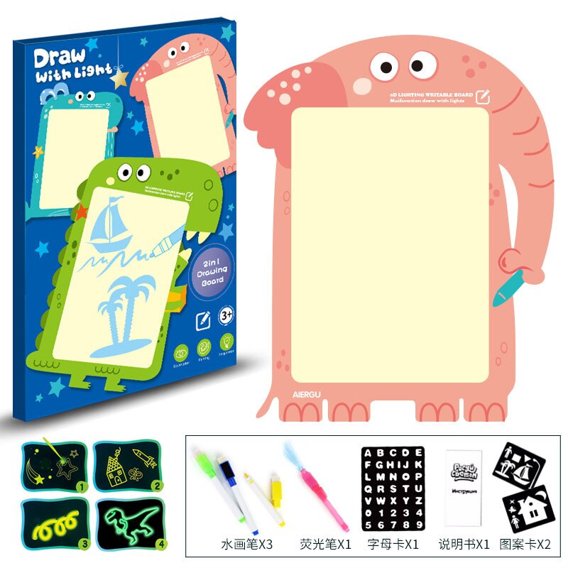 Writing Magic Drawing Board Set Educational Led Tablet Night Light Children Funny Toys Kids Russian Language Noctilucent: A3 elephant