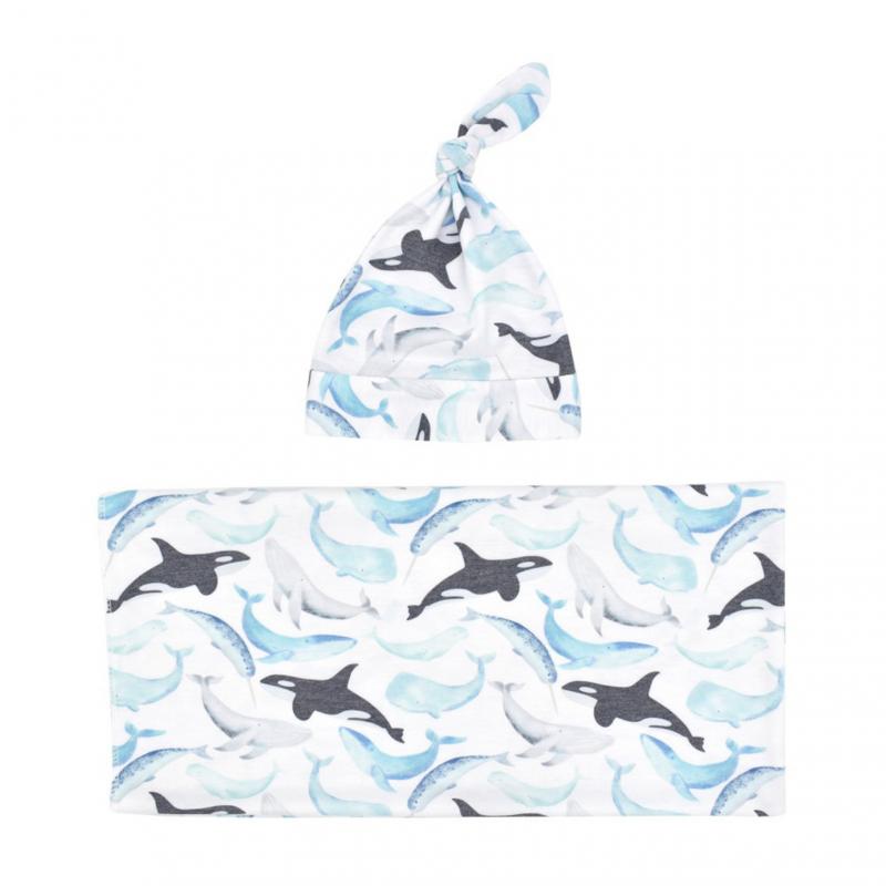 Baby Wraps Cotton Wraps Hat Set Cartoon Flower Printed Cotton Wraps Knotted Tire Cap Two-piece Set Receiving Blankets: 01