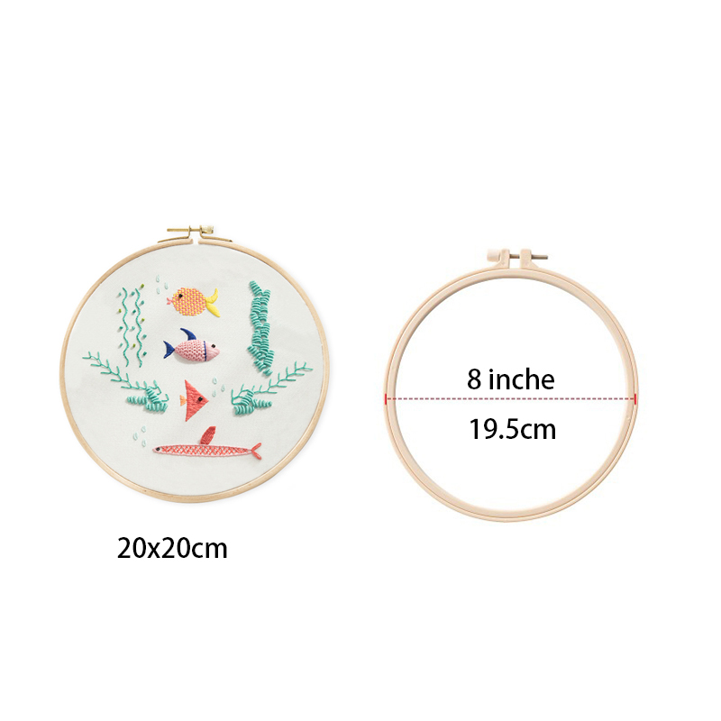 Paquete de materiales de bordado DIY, Kits de bordado con patrones de dibujos animados en 3D de peces, bastidor para bordar, suministros de costura de punto de cruz