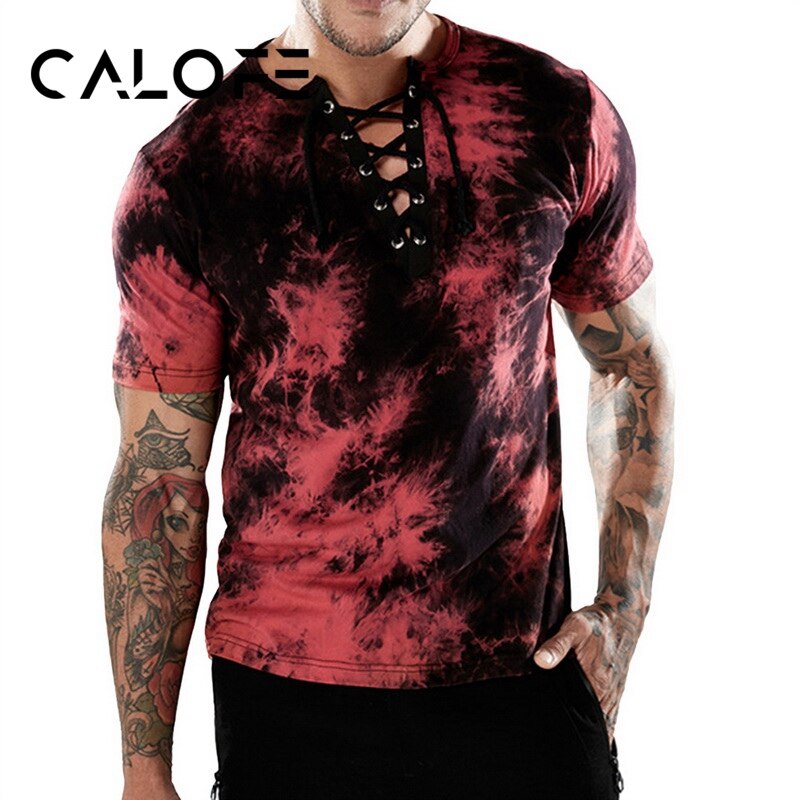 CALOFE Mannen Zomer T-shirt Zachte Hollow Korte Mouw Beachwear Top Tees Surfen Patchwork T-shirts Lace Up Tee Shirts Mannen