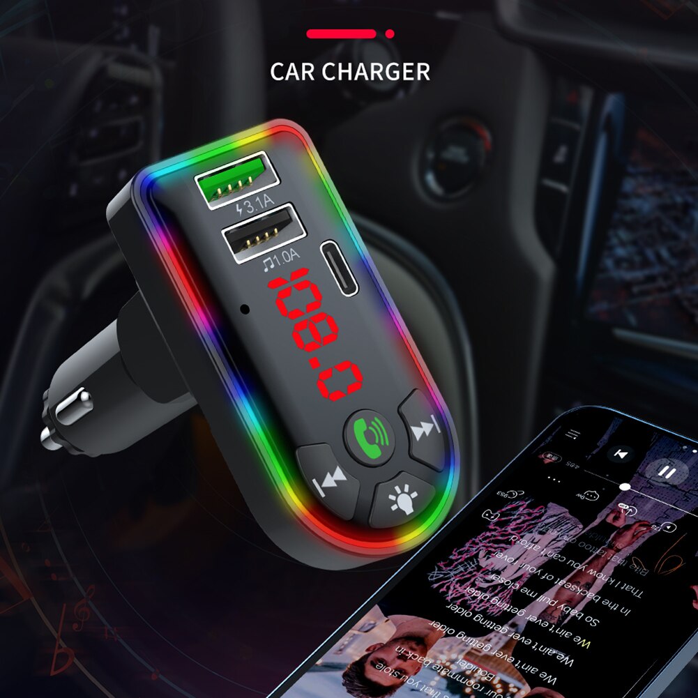Transmisor FM F7 con Bluetooth 5,0 para coche, 4.1A PD + cargador USB, con retroiluminación colorida, transmisor FM con Bluetooth, reproductor