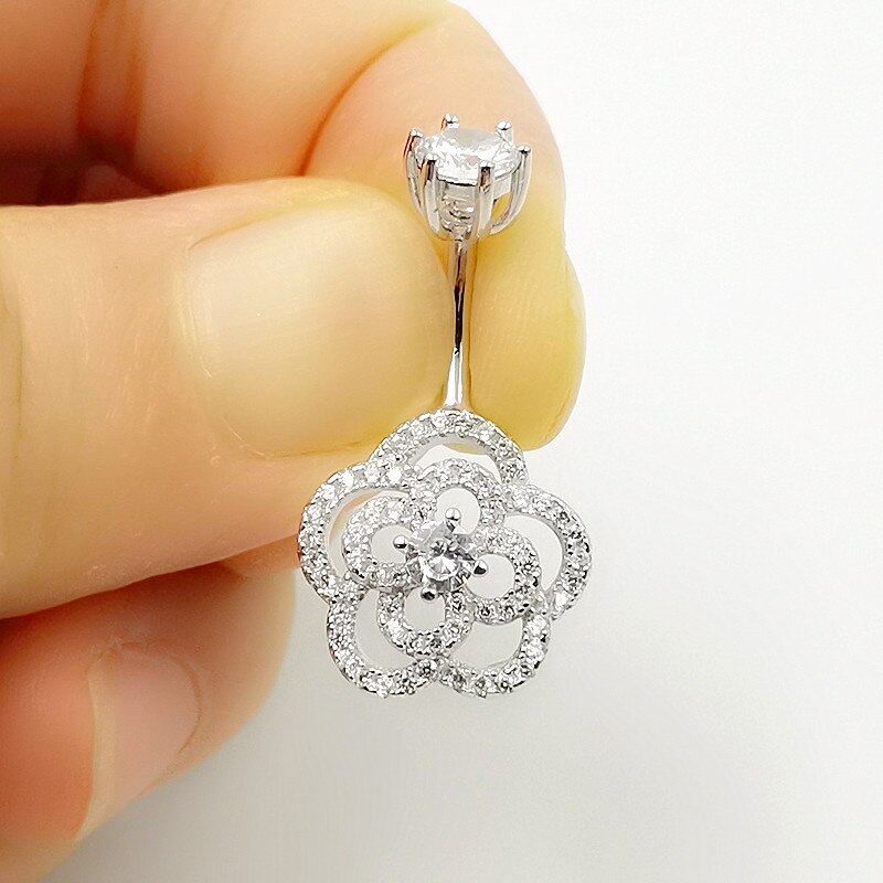 Hellolook 925 sterling silver navel piercing rose flower belly button rings for women anti-allergy navel ring body jewelry