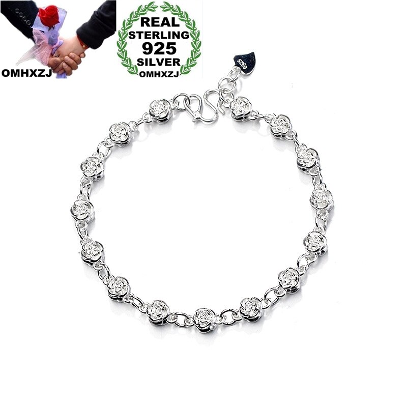 OMHXZJ Europese Mode Vrouw Meisje Party Verjaardag Huwelijkscadeau Vintage Bloem Rose S925 Sterling Zilveren Armband BA112