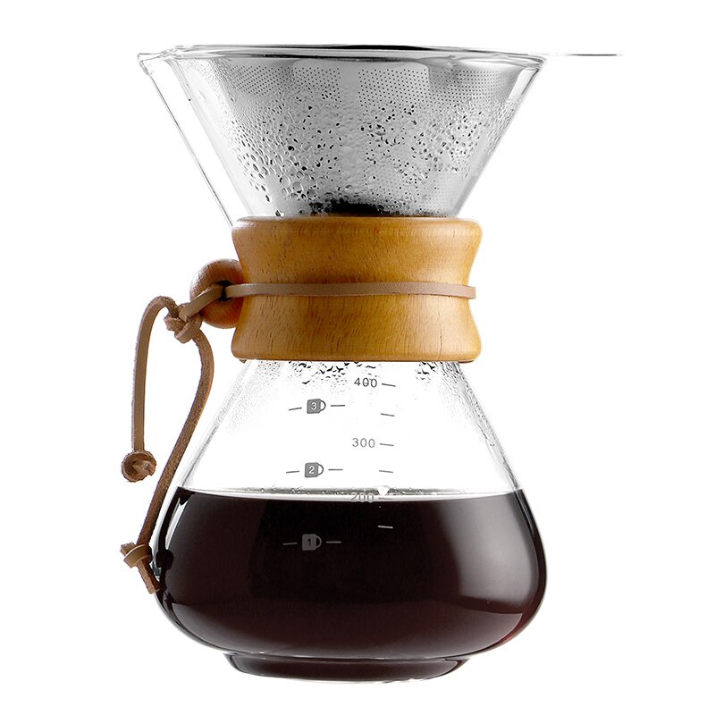 Klassisk glas kaffekanna  v60 droppare med trähandtag häll över kaffebryggare espresso kaffe droppkokare barista verktyg: 400ml med filter