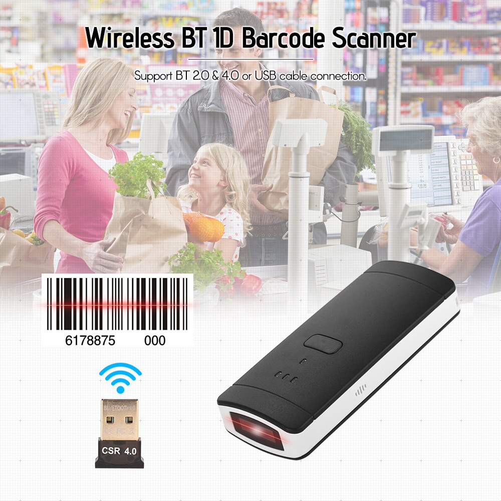 Aibecy Portable Mini Wireless BT Barcode Scanner 1D Handheld Bar Code Reader with USB Cable Receiver Support for Windows XP/Win