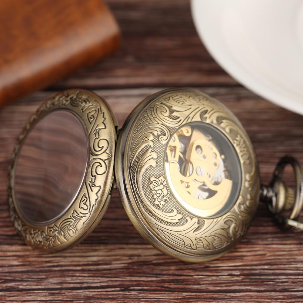 Reloj de bolsillo mecánico automático para hombre y mujer, con transparente de Bronce Antiguo, reloj de bolsillo automático, con cadena Retro