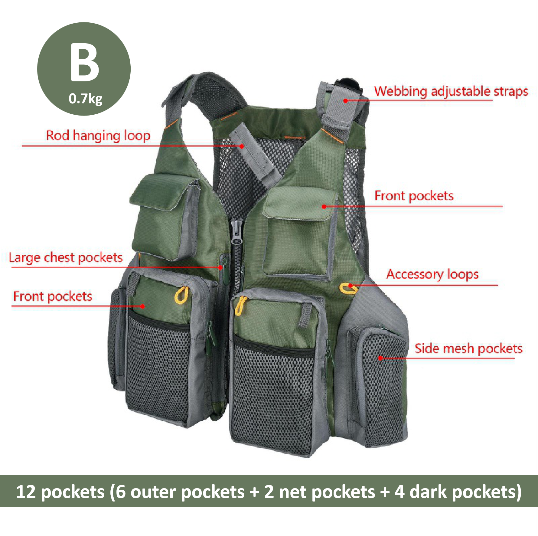 Breathable Fishing Vest Outdoor Sports Fly Swimming Adjustable Mutil-Pocket Packs Fishing Tackle Accessories Men Ladies: B