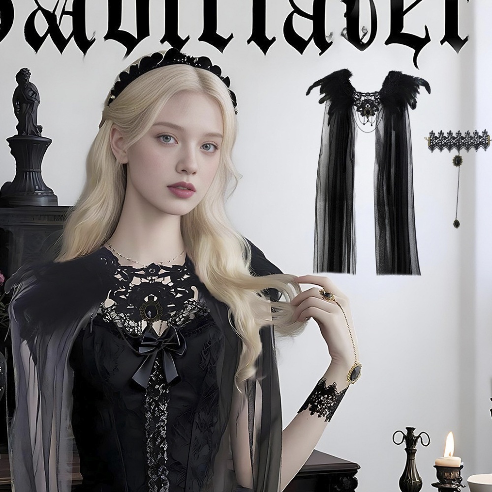 Goottilainen pitsikirjailtu höyhenhuivi halloween noidan viitta musta kaulahuivi rannekoru halloween cosplay-asutarvikkeet