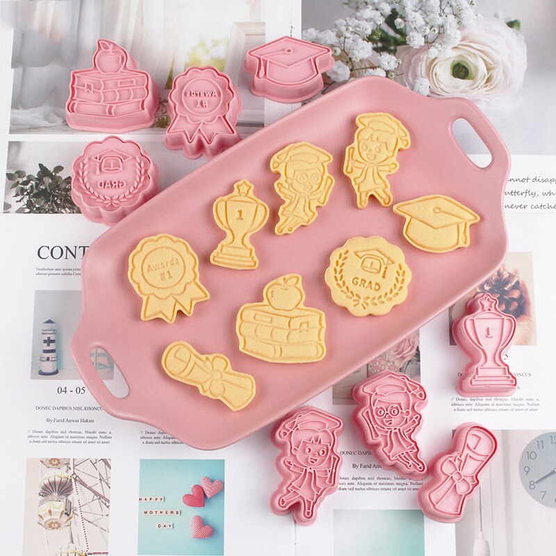 8 Stks/set Congrats Afstuderen Cookie Cutter Biscuit Mold 3D Druk Plastic Cookie Mold Fondant Bakken Tool Cookie Decoratie Gereedschappen