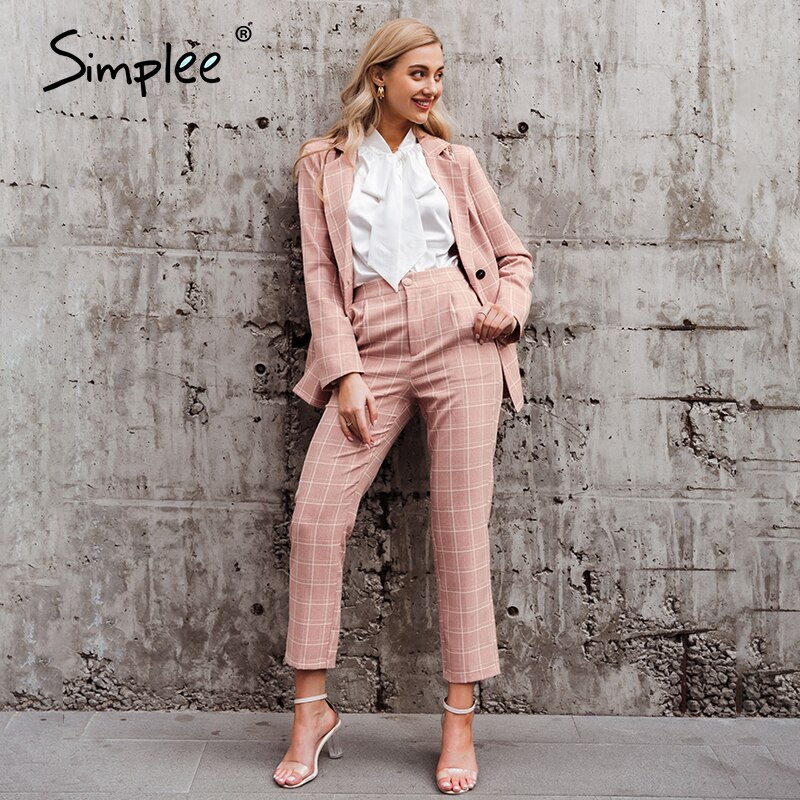 Simplee office lady aprikos höst vinter blazer kostymer rutiga fickor kvinnor set v-hals långärmade uppsättningar: Rosa / S