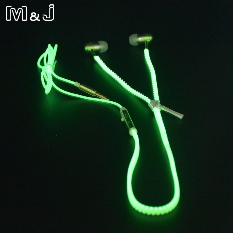 ! m & j glødende øretelefon lysende lys metal lynlås øretelefoner lyser i mørket til iphone samsung xiaomi  mp3 med mikrofon