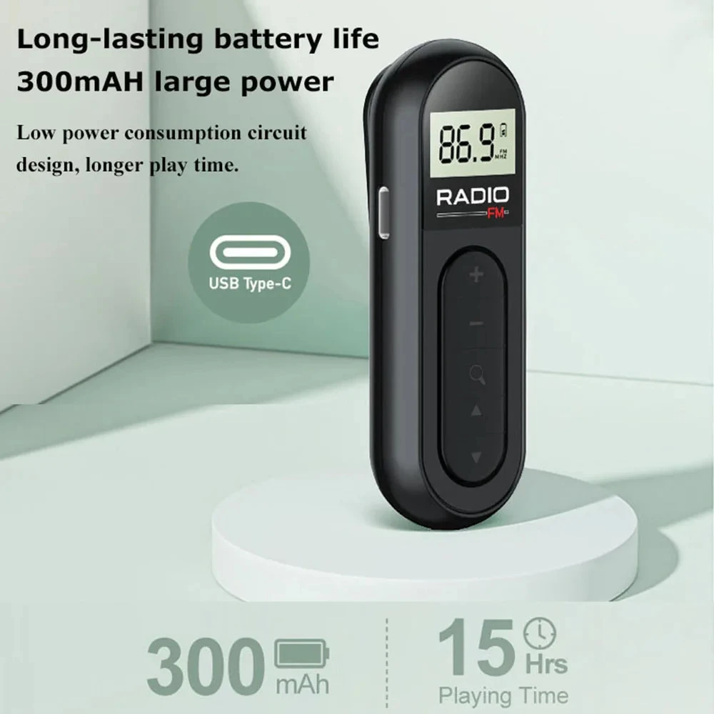 Mini Radio FM de bolsillo, receptor de Radio portátil de 76-108MHZ con retroiluminación, pantalla LCD, auriculares con cable de 3,5mm, compatible con carga tipo c