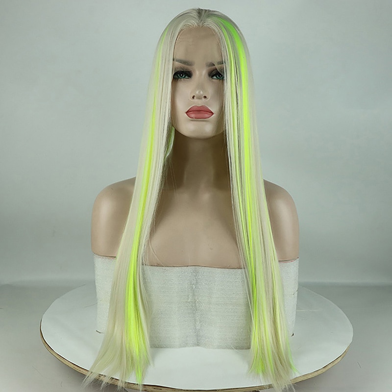 Fantasy Schoonheid Top Blonde Highlights Geel Groen Synthetische Lace Front Pruik Gemengde Kleur Lace Front Pruik Voor Vrouwen