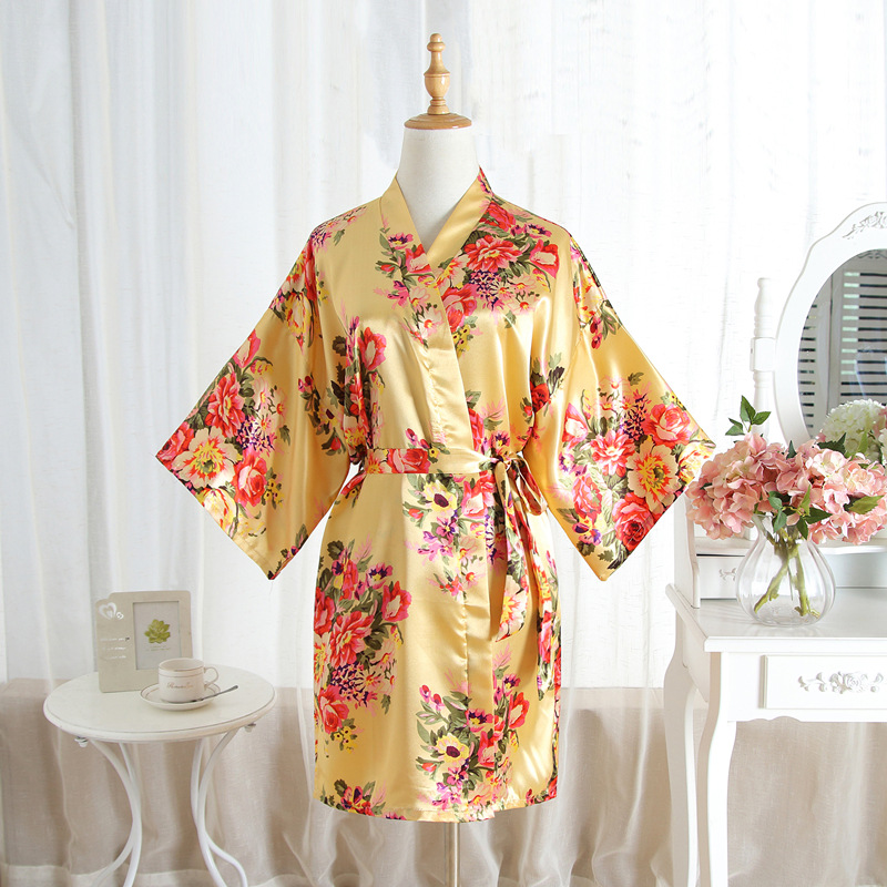 Vrouwen Badjas Sexy Losse Bruiloft Gewaad Casual Lounge Nachtkleding Kimono Print Pioen V-hals Mini Home Kleding
