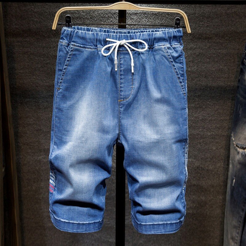 Sommer tynn tøye ut denimshorts menn løs pluss størrelse 7xl 6xl 5xl 4xl elastisk midje harlan shorts tidevann