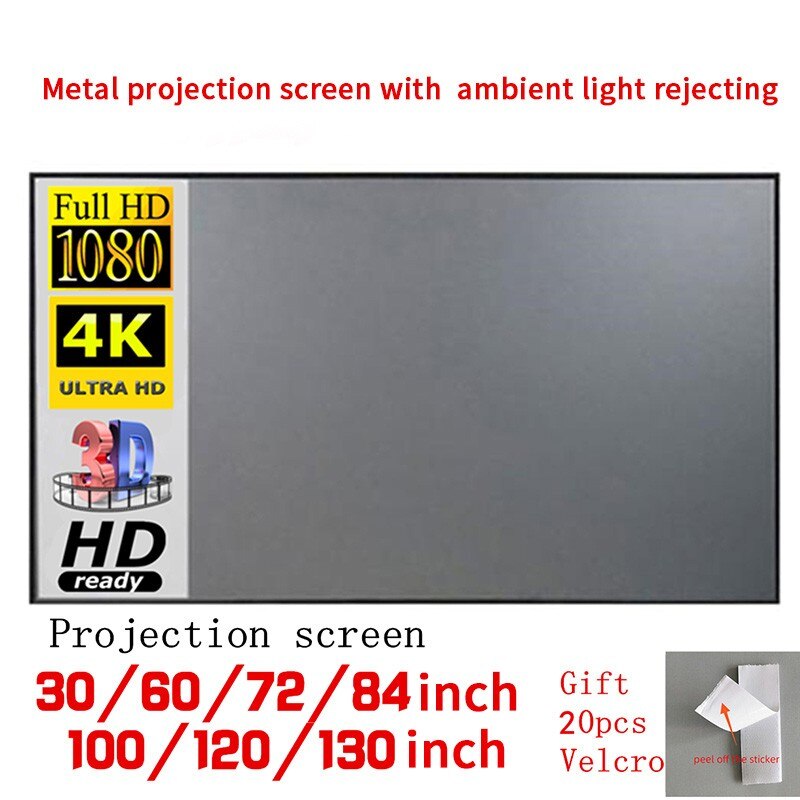Tela Cortina projetor Anti-luz 60 72 84 100 120 Polegadas Tela HD Projetor de Home Office Portátil 3d Reflexivo pano de tecido