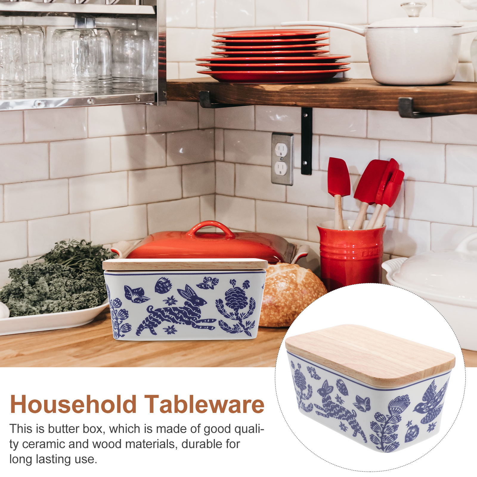 1pc Patterned Ceramic Butter Box Butter Keeper Container with Wooden Lid