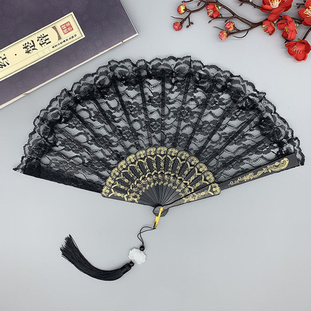 23cm Thin Lace Fan Plastic Bone Hand Fan Art Craft Lolita Japanese Sweet Girl Dance Photo Props Wedding Party Decoration: Black pendant