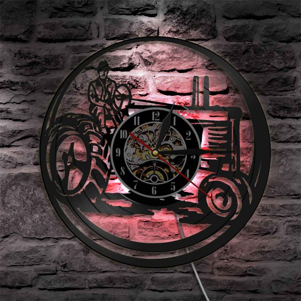 Farm Tractors Wall Clock Vintage Farmall Trucks Vinyl Record Wall Clock with LED Truck Tractor Farmhouse Home Decor Farmers