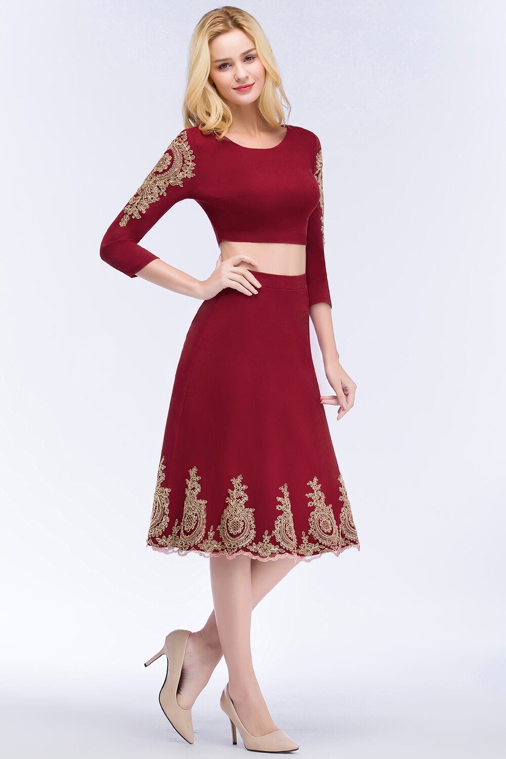 Babyonline Two Piece Burgundy Lace Short Evening Dress Robe de Soiree Courte Evening Gowns Vestido de Festa