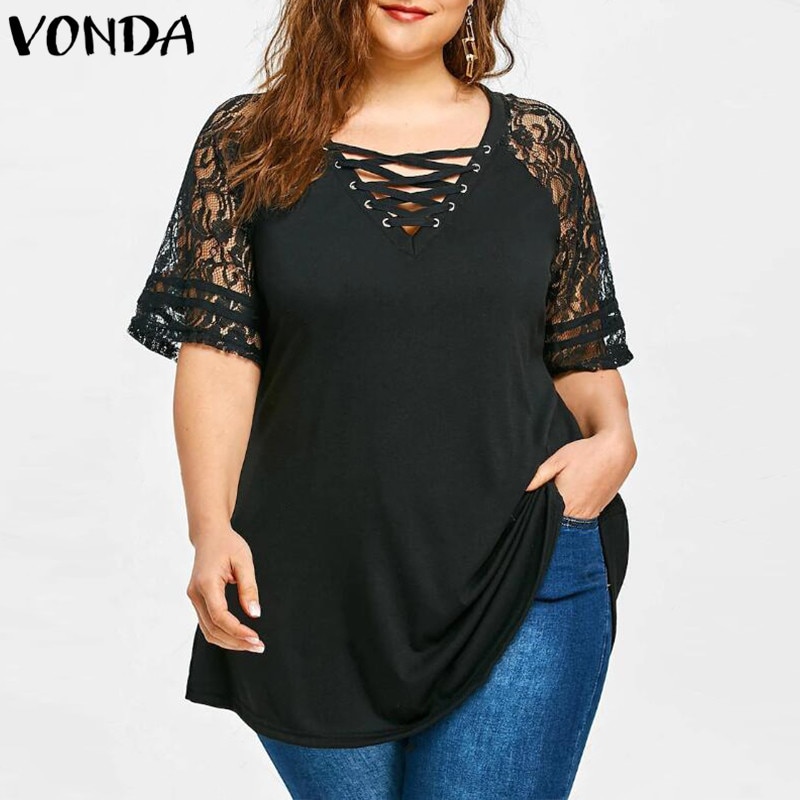 Vonda zwangerschapsblouses en tops zomer sexy kant uitgehold effen shirts femme bohemian zwangerschapsblouses losse blouse