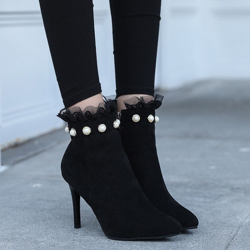 Botas elegantes de encaje para Mujer, Botines de tacón de lujo, aterciopelados, cortas, de , con perlas y punta estrecha, color negro,: 35