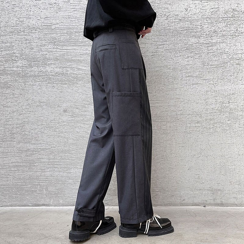 Mannen Gestreepte Splice Multi-Pocket Casual Straight Pak Broek Mannelijke Streetwear Mode Vintage Pak Broek Man