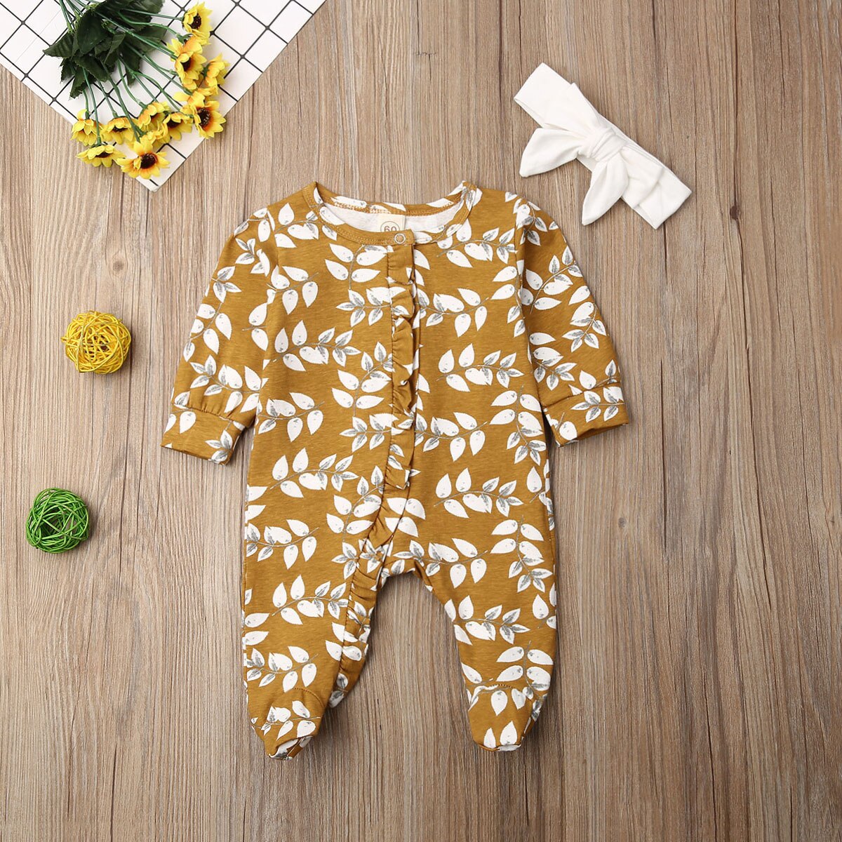 Newborn Kid Baby Girl Boys Footies Long Sleeve Flower Jumpsuit Headband 2pcs Outfit 0-6M