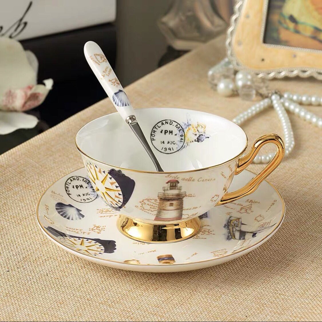 Europe Noble Bone China Coffee Cup Saucer Spoon Set 200ml Luxury Ceramic Mug Top-grade Porcelain Tea Cup Cafe Party Drinkware: Nautical 3-piece
