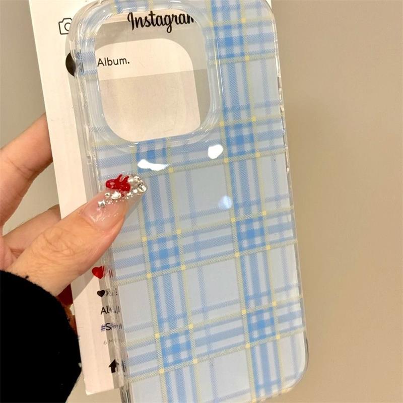 Ins koreaans mooi blauw geruit telefoonhoesje voor iphone 16 15 14 13 12 11 pro max 16e 7 8 plus x xr xs max se schokbestendige achterkant