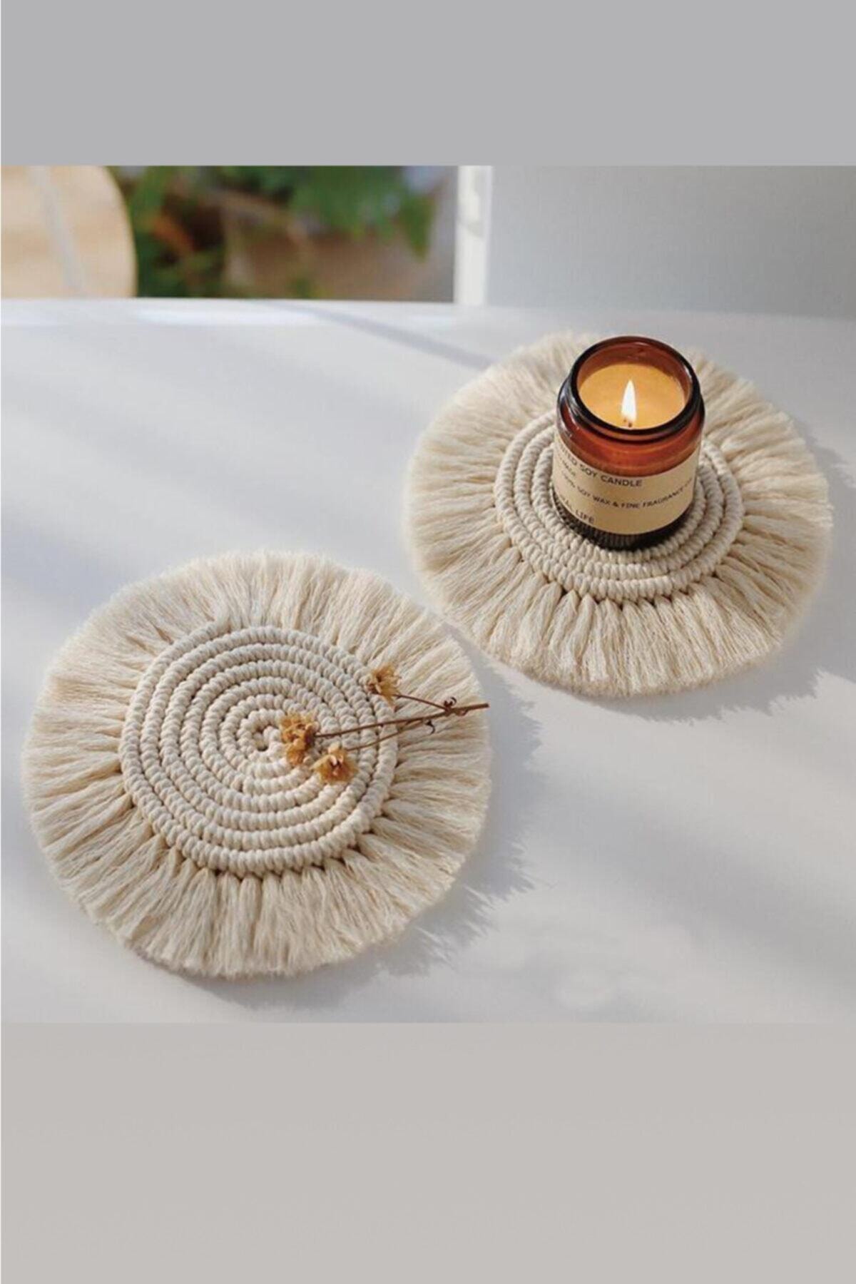 Makrome 1 Piece Cup And Candle Stand With Tassels Handmade 19 Cm Diameter Stylish Home Decor