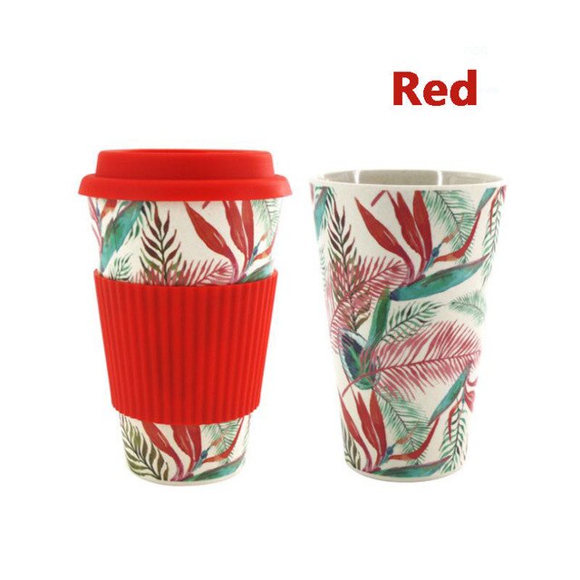 400ml Reusable Bamboo Fibre Coffee Cup Coffee Tea Mug Wheat Straw Travel with Silicone Lid: red