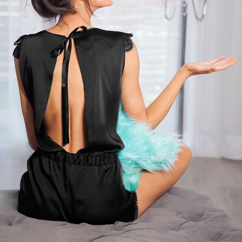 Pijama de satén para mujer, conjunto de Bata, mono calado con lazo,