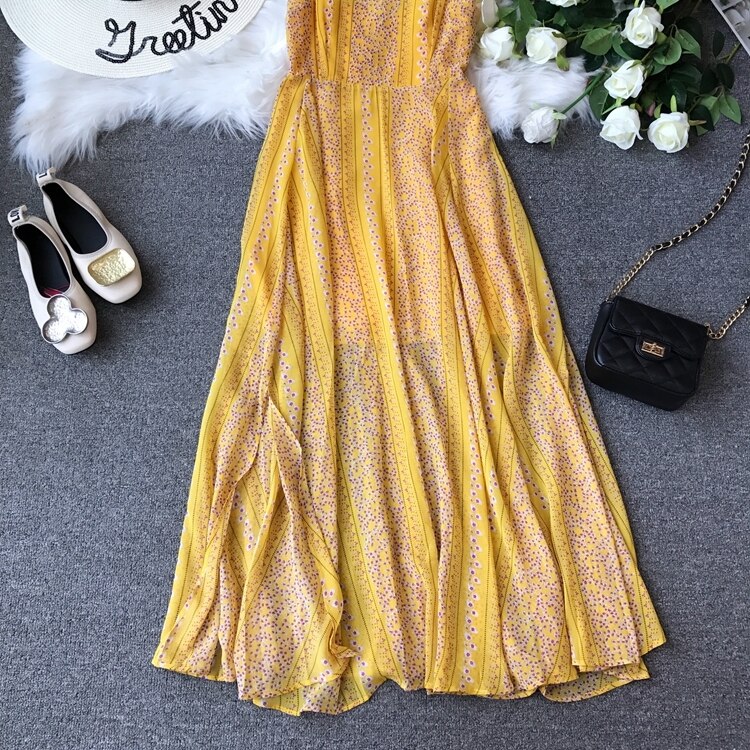 Geel Chiffon Midi Jurk Zomer Casual Vrouwelijke Plus Size Lady Beach Vestidos Spaghetti Band Jurk Vrouwen Dames