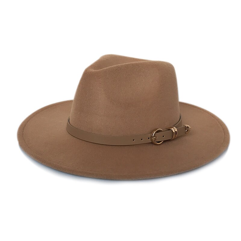 Yy oversized brem filthatt for kvinner vintage trilby cap høst vinter fedora menn jazz panama cappello donna elegante  fd19034: Kamelfilthatt