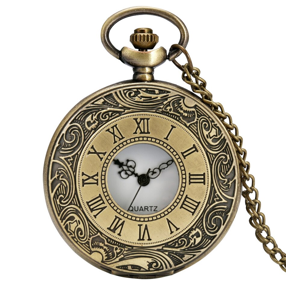 Classic Retro Bronze Roman Numerals Quartz Pocket Watch Half Hunter Arabic Numerals Display Dial Unisex Pendant Pocket Clock: with necklace chain