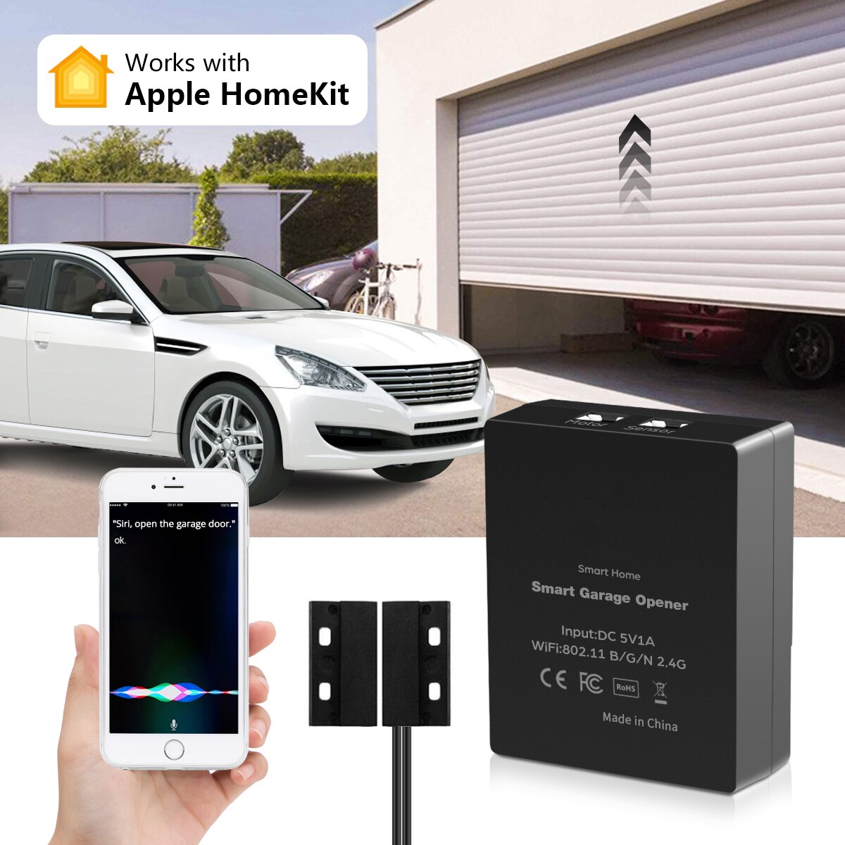 Sensor de apertura de puerta de garaje Apple Homekit, interruptor Wifi, Control por voz Siri, Tuya Smart Life, compatible con Alexa y Google Home