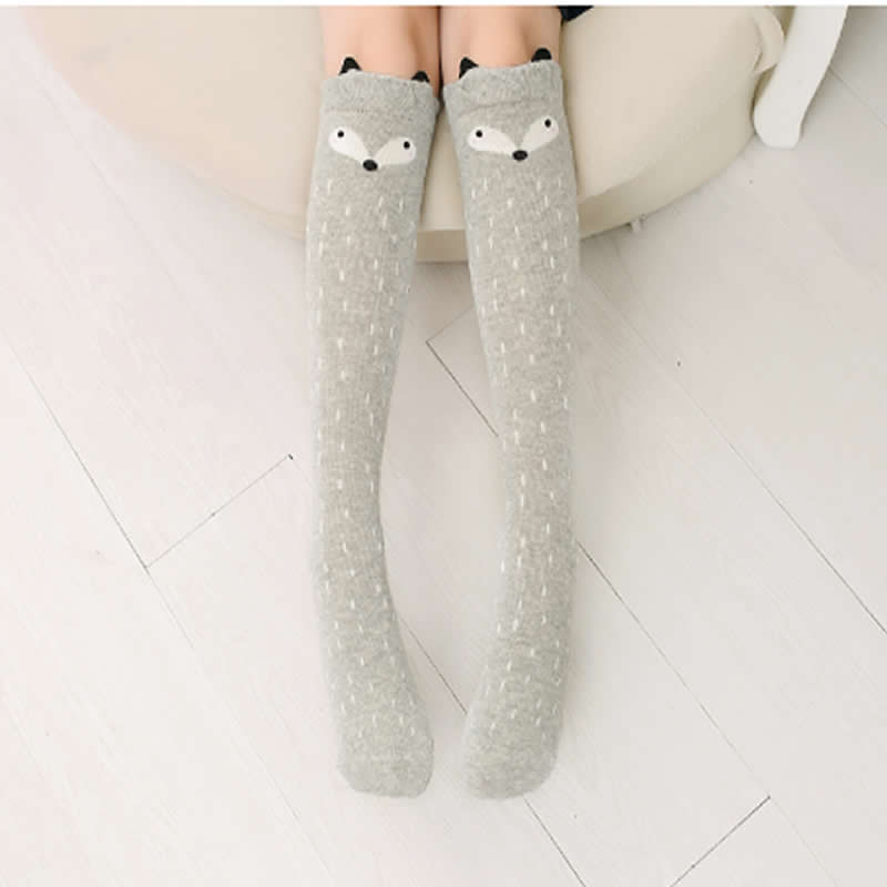 Chaussettes hautes en coton pour enfants, motif dessin animé, imprimé chat, renard: Gray fox