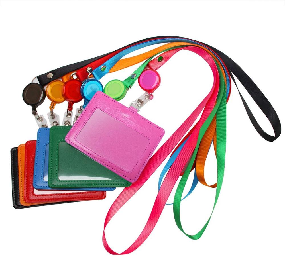 Heavy Duty Badge Holder Leather ID Card Holder With Clear ID Window Wallet Case 2-Sided Horizontal Business Name Card Organizer