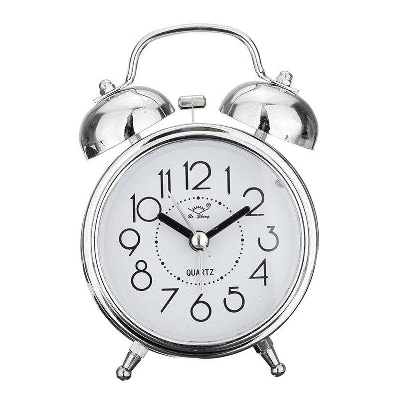 Réveil classique 3 pouces Vintage rétro, horloge à pointeur silencieuse, alarme forte avec double sonnette, veilleuse de chevet pour chambre à coucher: Argent