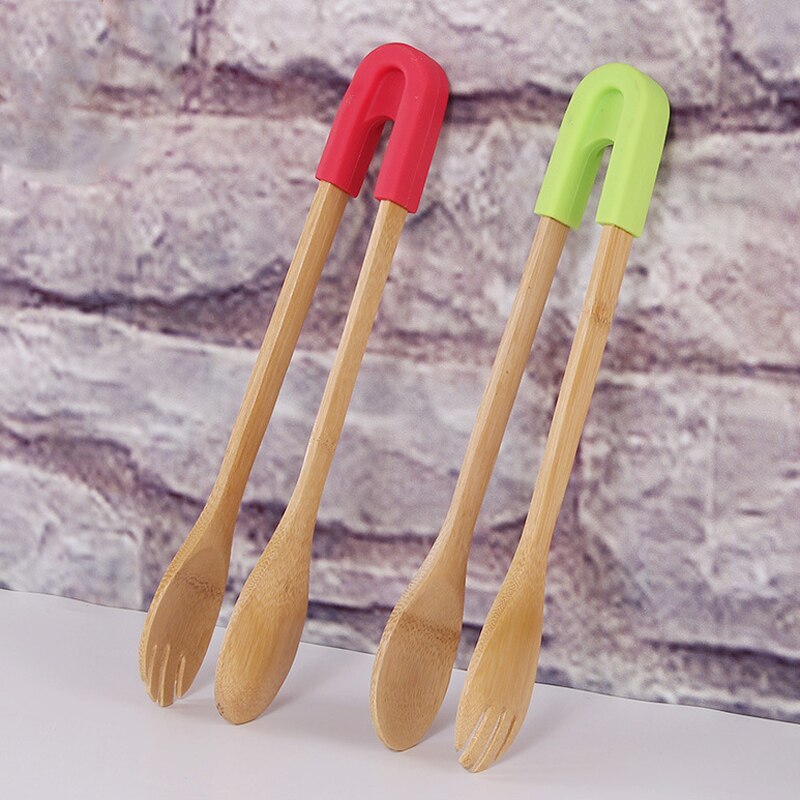Bamboe Voedsel Tang Salade Taart Snack Clip Grip Broodrooster Tang Siliconen Handvat Brood Tang Gebak Klem Keuken Gereedschap Accessoires
